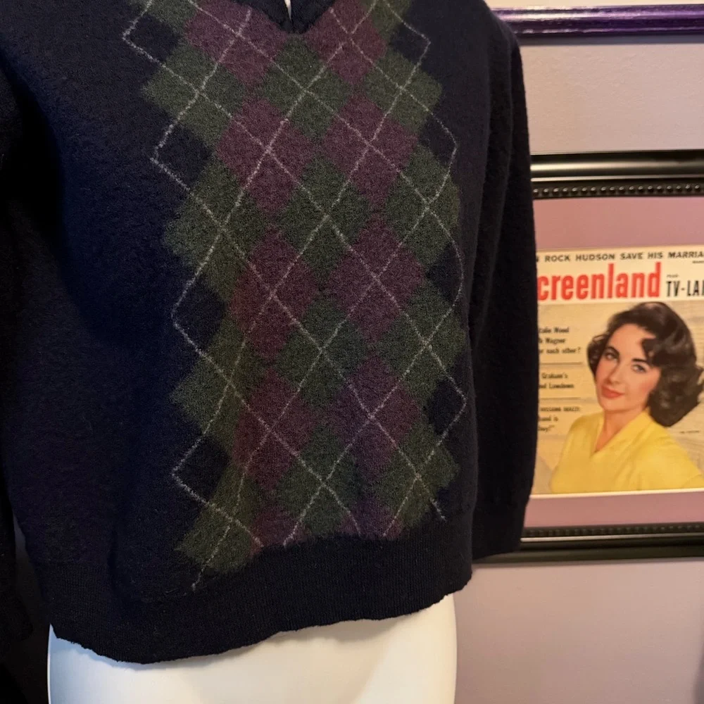 John Ashford Argyle Retro Italian Merino Wool Shrunken Cropped Sweater